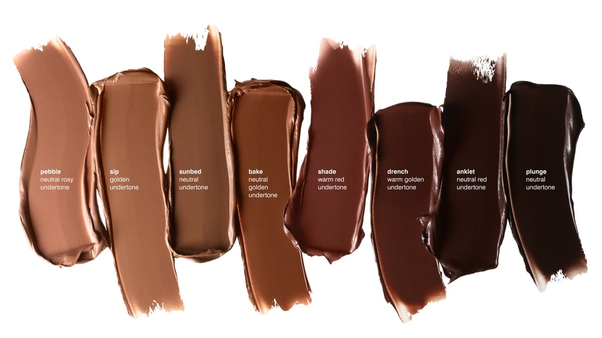pebble neutral rosy undertone, sip golden undertone, sunbed neutral undertone, bake neutral golden undertone, shade warm red undertone, drench warm golden undertone, anklet neutral red undertone, plunge neutral undertone