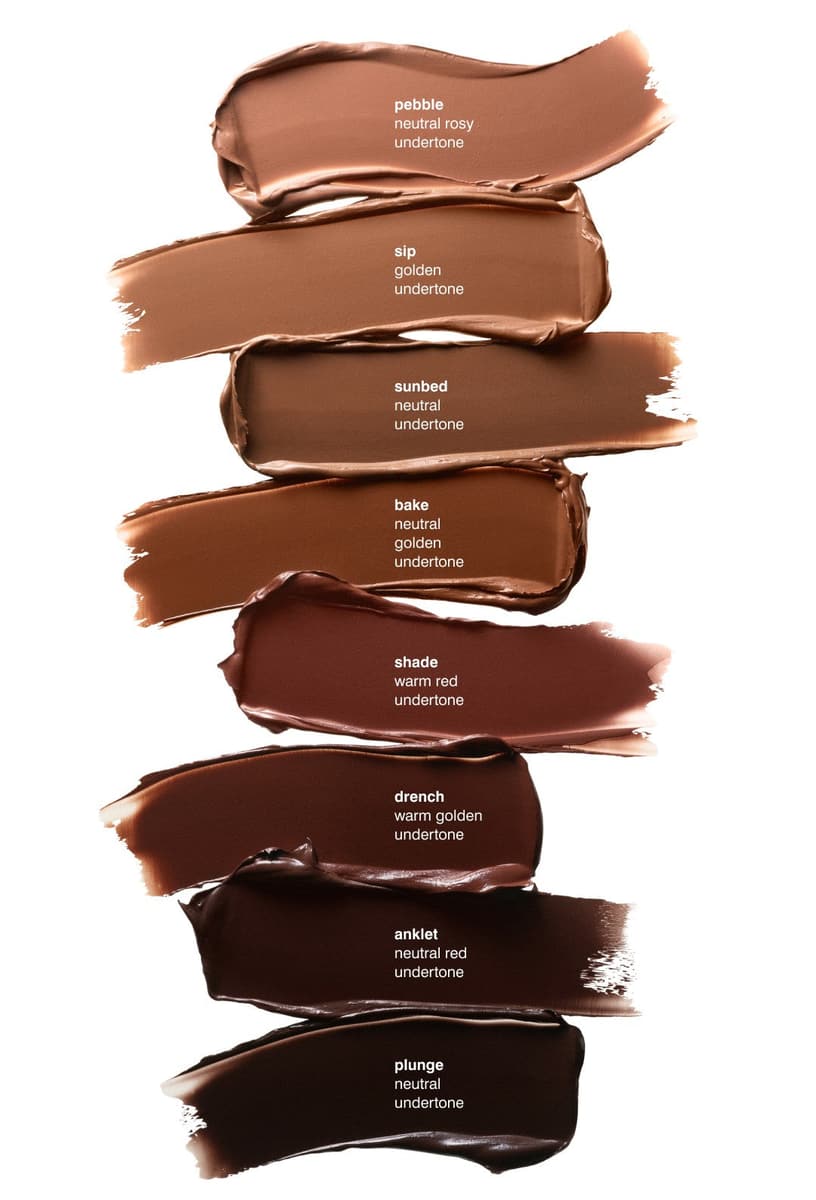 pebble neutral rosy undertone, sip golden undertone, sunbed neutral undertone, bake neutral golden undertone, shade warm red undertone, drench warm golden undertone, anklet neutral red undertone, plunge neutral undertone