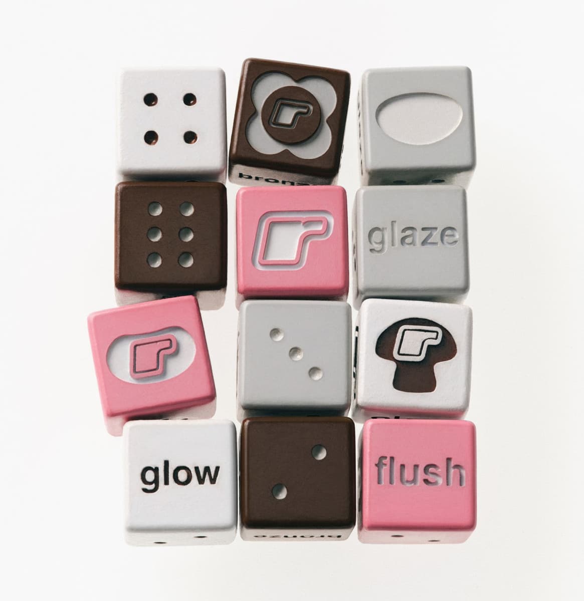 a collection of white, grey, and pink dice 