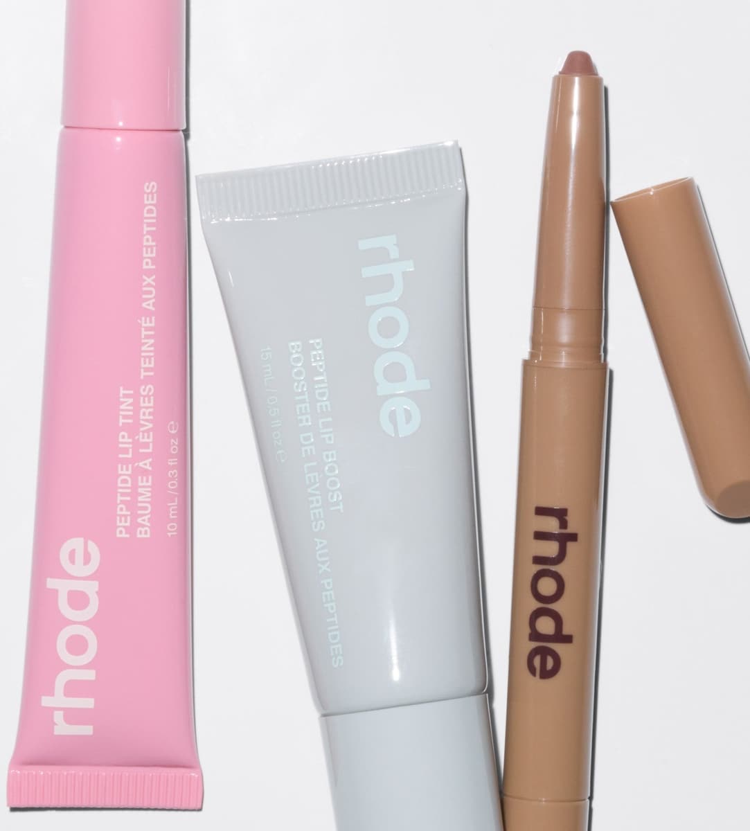 peptide lip tint in ribbon, peptide lip boost in sugarmint, and peptide lip shape in bend
