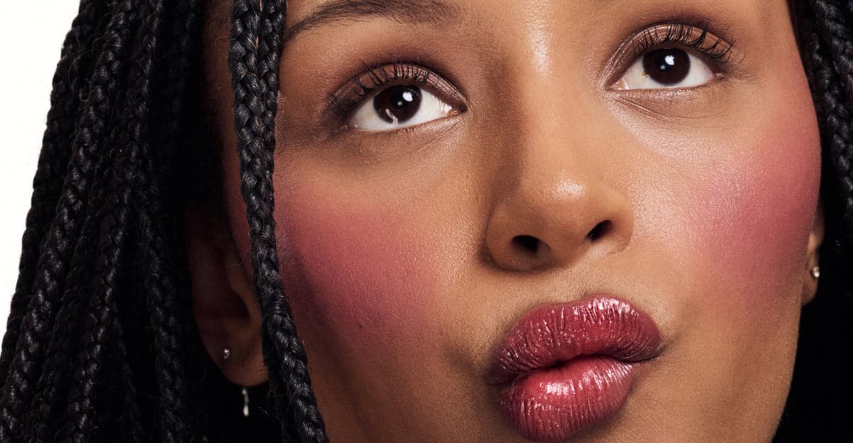model wears pocket blush in plum