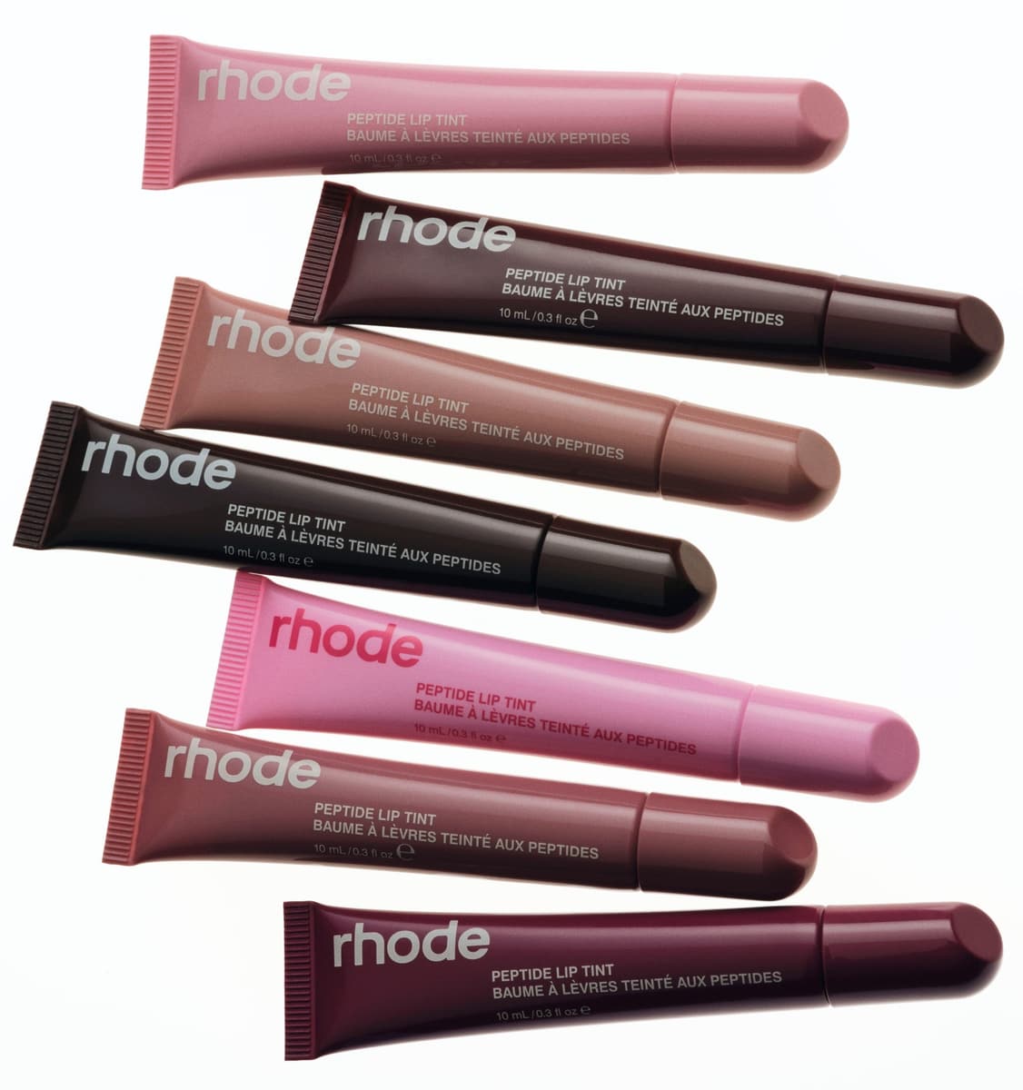 peptide lip tint, ribbon, pbj, toast, espresso, rhode vanilla, salty tan, raspberry jelly