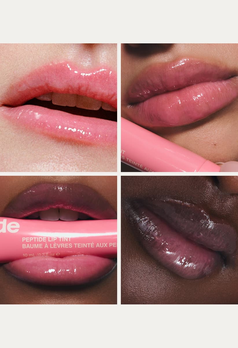 Collage of four close-up images of lips with wearing peptide lip tint in sweet pea